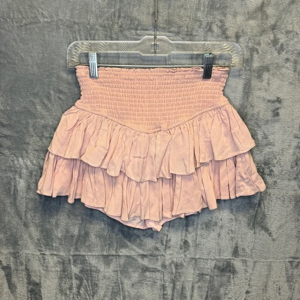 2127 | Boho Festival Coquette Pink Ruffle Tiered Smocked Skort Shorts Women XXS
